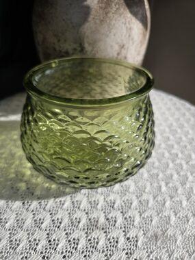 Olive Green Textured Glass Bowl - Hobnail Pattern